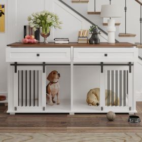 63'' Large Dog Crate Furniture for Double Dog, Wooden Dog Kennel with 2 Drawers,Divider and Sliding Door